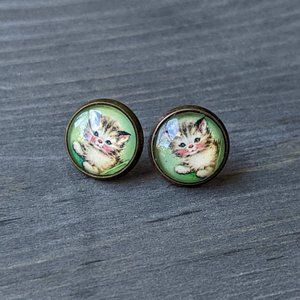 Glass Dome Stud Earrings with Tiny Kittens on Paper, Antiqued Bronze-Plated